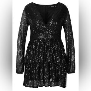 PLUS SEQUIN PLUNGE TIERED SKATER DRESS